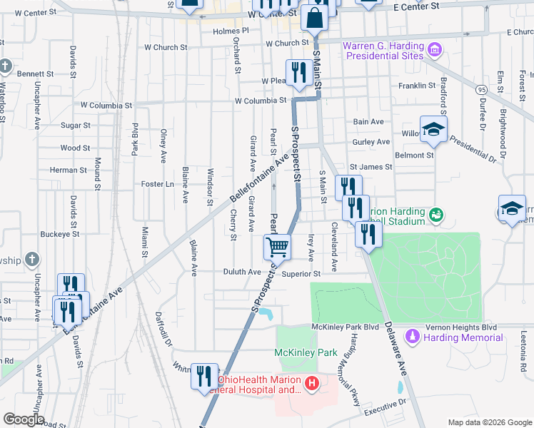 map of restaurants, bars, coffee shops, grocery stores, and more near 541 Pearl Street in Marion