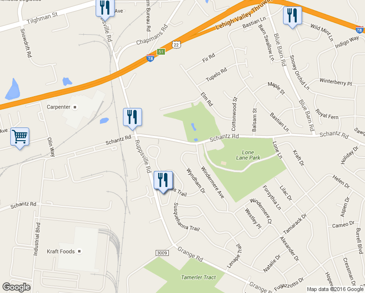 map of restaurants, bars, coffee shops, grocery stores, and more near 105 Wyndham Drive in Allentown