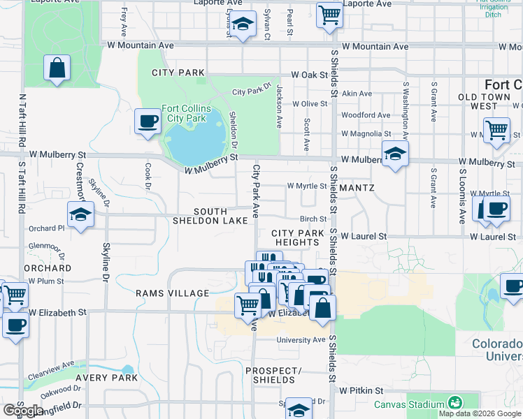 map of restaurants, bars, coffee shops, grocery stores, and more near 610 City Park Avenue in Fort Collins