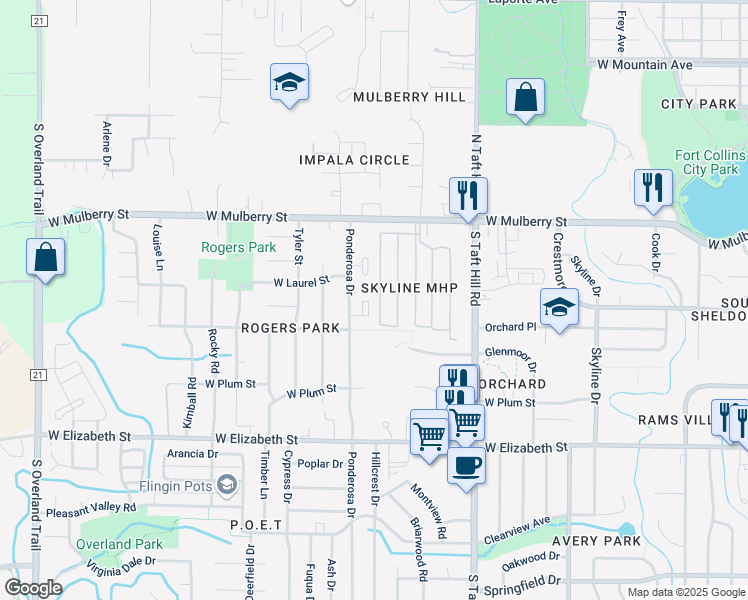 map of restaurants, bars, coffee shops, grocery stores, and more near 730k Ponderosa Drive in Fort Collins