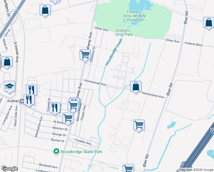 map of restaurants, bars, coffee shops, grocery stores, and more near 803 Evergreen Forest Boulevard in Woodbridge Township