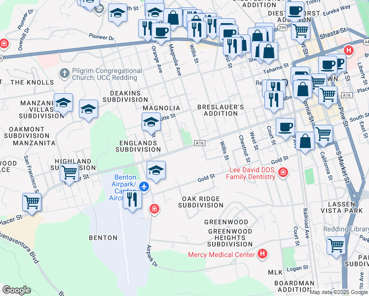 map of restaurants, bars, coffee shops, grocery stores, and more near Placer Street in Redding