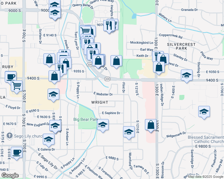 map of restaurants, bars, coffee shops, grocery stores, and more near 9457 South Dolomite Way in Sandy