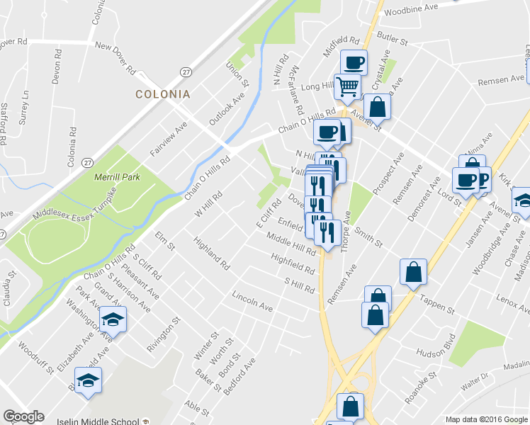 map of restaurants, bars, coffee shops, grocery stores, and more near 98 East Cliff Road in Woodbridge Township