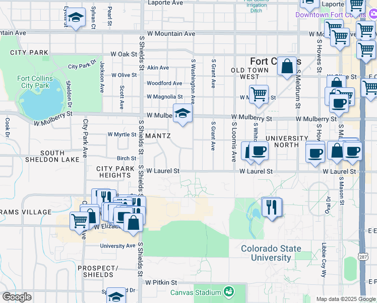 map of restaurants, bars, coffee shops, grocery stores, and more near 613 South Washington Avenue in Fort Collins