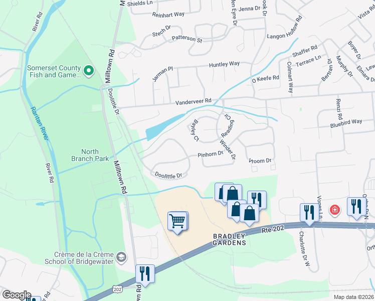 map of restaurants, bars, coffee shops, grocery stores, and more near 1908 Doolittle Drive in Bridgewater Township