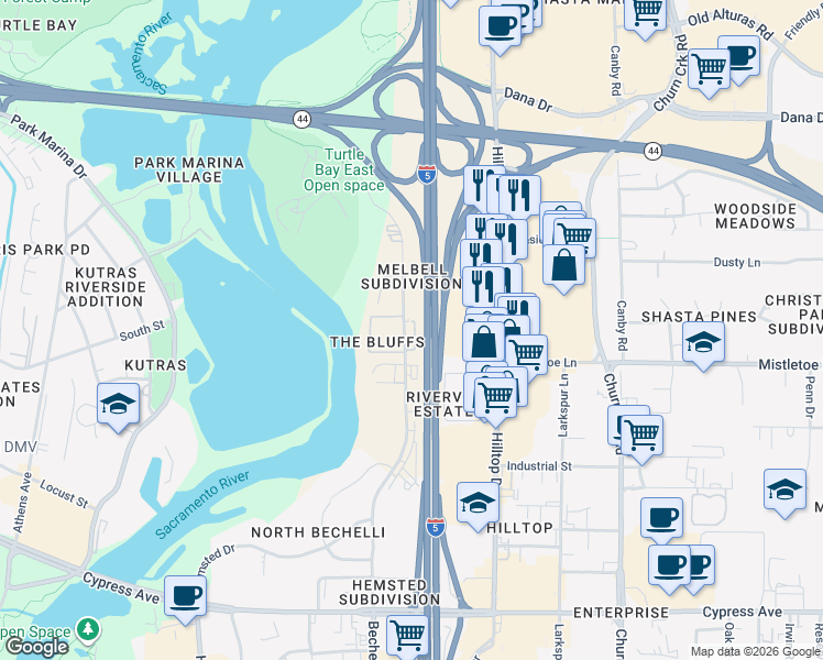 map of restaurants, bars, coffee shops, grocery stores, and more near 1980 Bechelli Ln in Redding