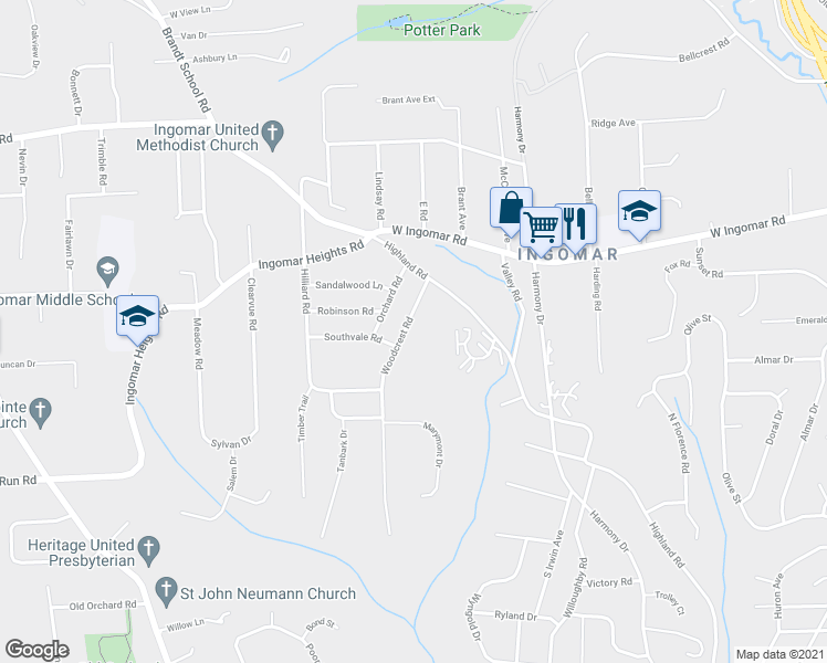 map of restaurants, bars, coffee shops, grocery stores, and more near 9514 Woodcrest Road in Pittsburgh