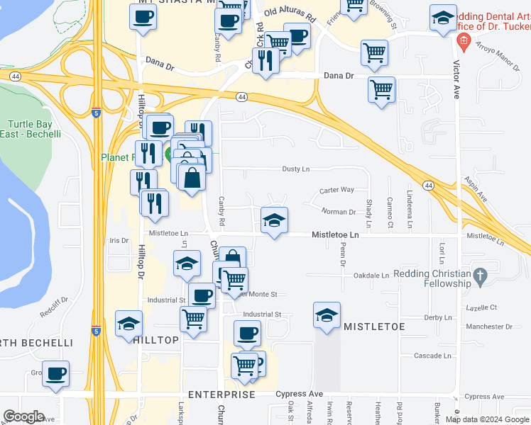 map of restaurants, bars, coffee shops, grocery stores, and more near 1147 Pineland Drive in Redding