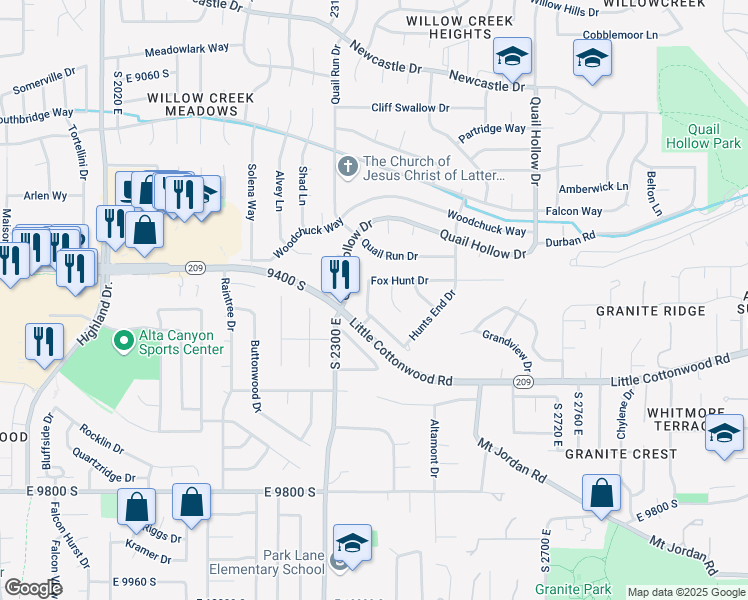 map of restaurants, bars, coffee shops, grocery stores, and more near 9457 Fox Hunt Drive in Sandy