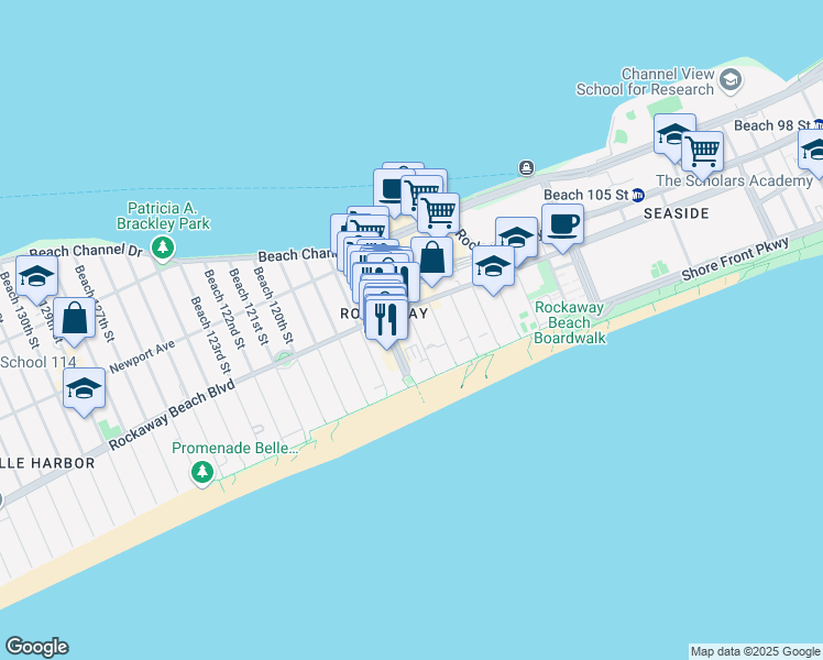 map of restaurants, bars, coffee shops, grocery stores, and more near 179 Beach 115th Street in Queens