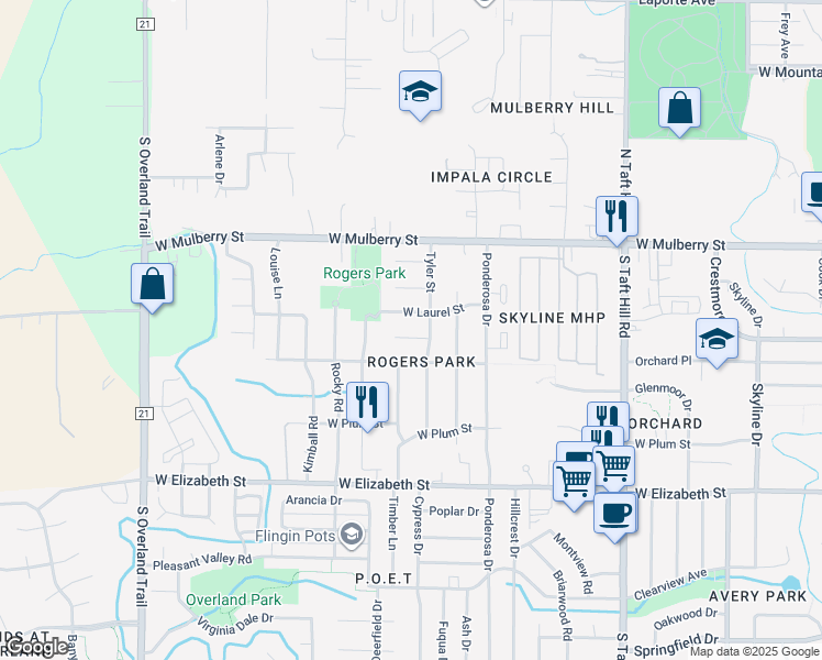 map of restaurants, bars, coffee shops, grocery stores, and more near 2512 Timber Court in Fort Collins