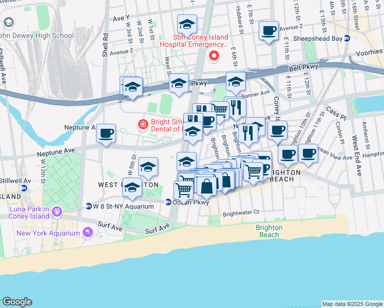 map of restaurants, bars, coffee shops, grocery stores, and more near 2942 Brighton 1st Street in Brooklyn