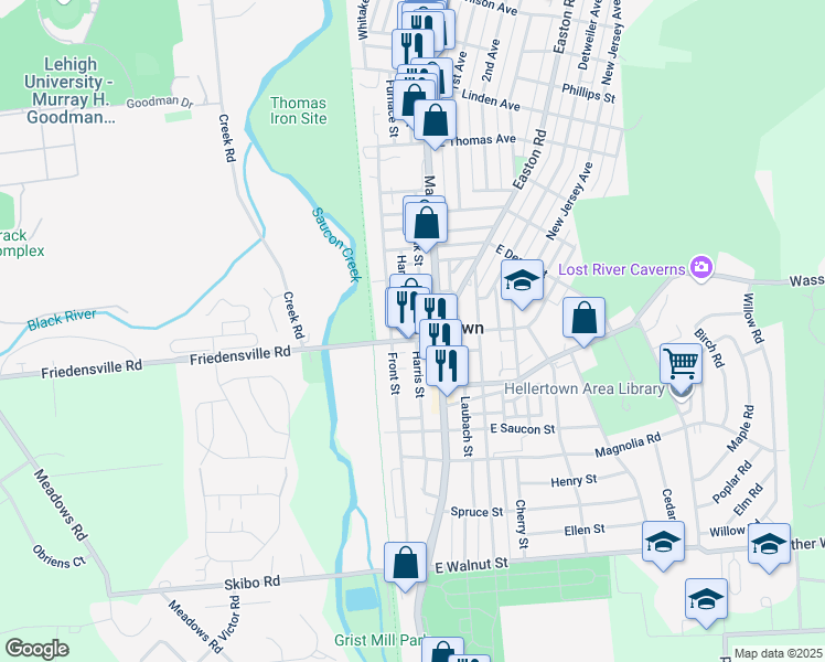 map of restaurants, bars, coffee shops, grocery stores, and more near 37 West Water Street in Hellertown