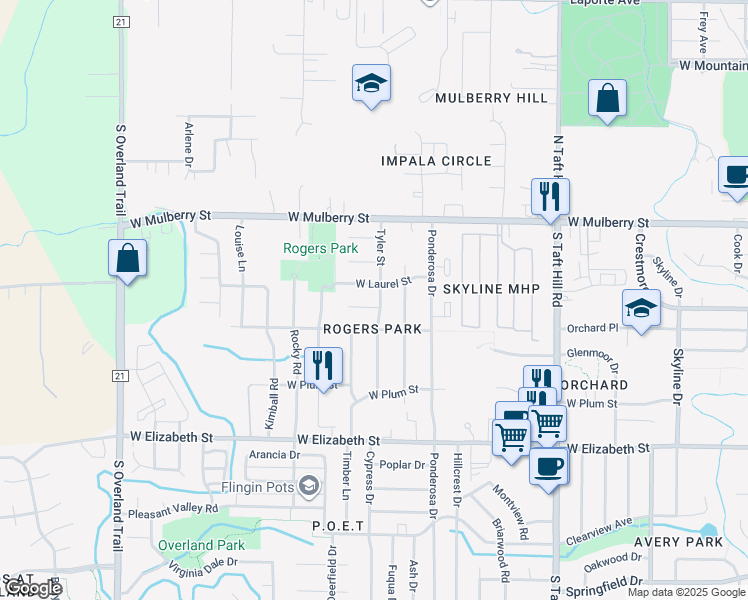 map of restaurants, bars, coffee shops, grocery stores, and more near 2500 Timber Court in Fort Collins