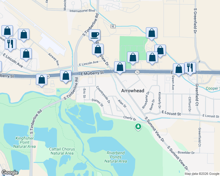 map of restaurants, bars, coffee shops, grocery stores, and more near 2649 East Mulberry Street in Fort Collins