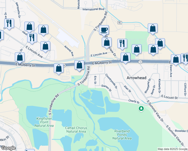map of restaurants, bars, coffee shops, grocery stores, and more near 601 Eric Street in Fort Collins