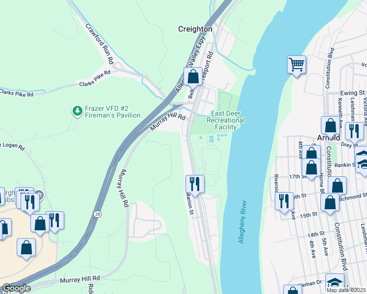 map of restaurants, bars, coffee shops, grocery stores, and more near 749 Freeport Road in Creighton