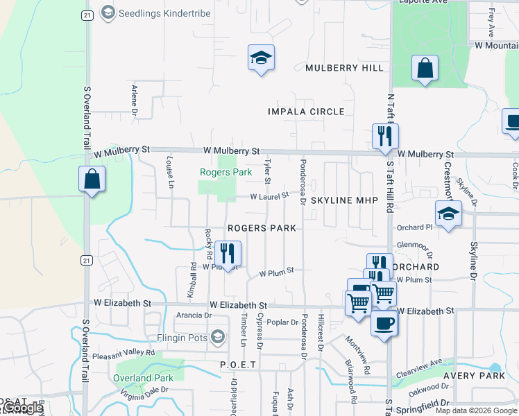 map of restaurants, bars, coffee shops, grocery stores, and more near 2500 Timber Court in Fort Collins