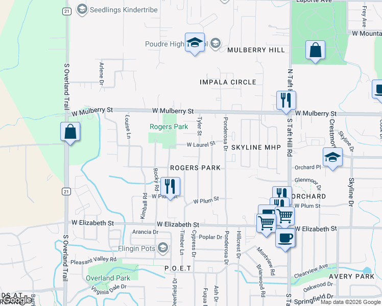 map of restaurants, bars, coffee shops, grocery stores, and more near 2500 Timber Court in Fort Collins