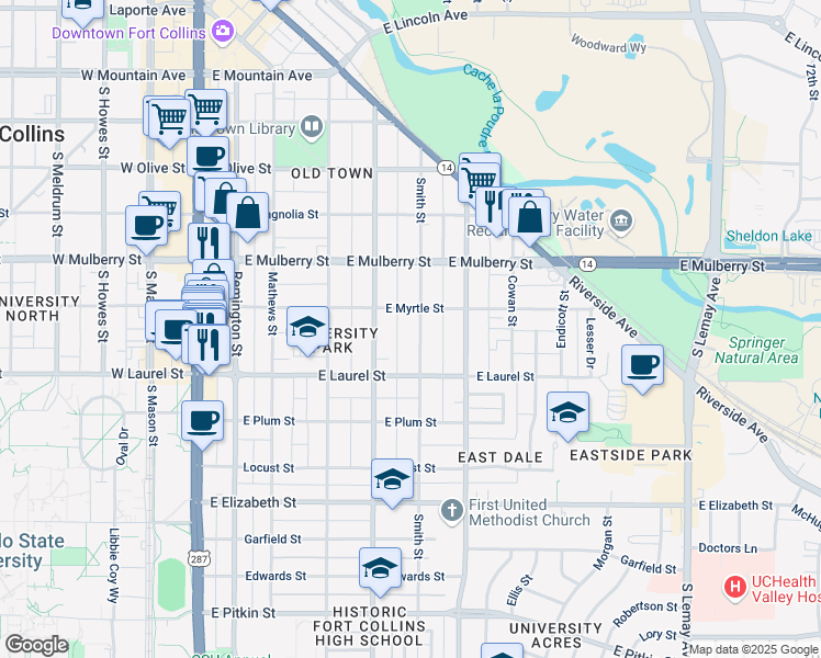 map of restaurants, bars, coffee shops, grocery stores, and more near 613 Smith Street in Fort Collins