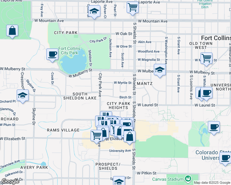 map of restaurants, bars, coffee shops, grocery stores, and more near 1301 Crestmore Place in Fort Collins