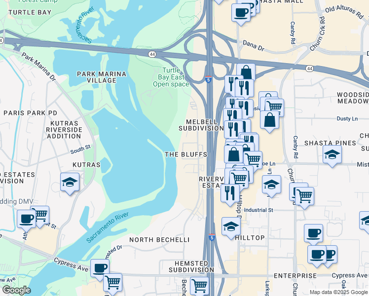 map of restaurants, bars, coffee shops, grocery stores, and more near 1926 Bechelli Lane in Redding