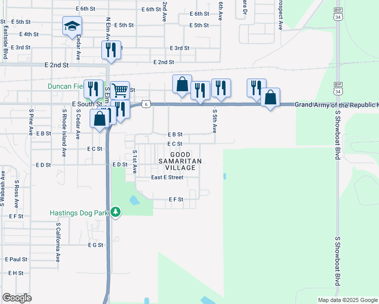 map of restaurants, bars, coffee shops, grocery stores, and more near 1011 East D Street in Hastings