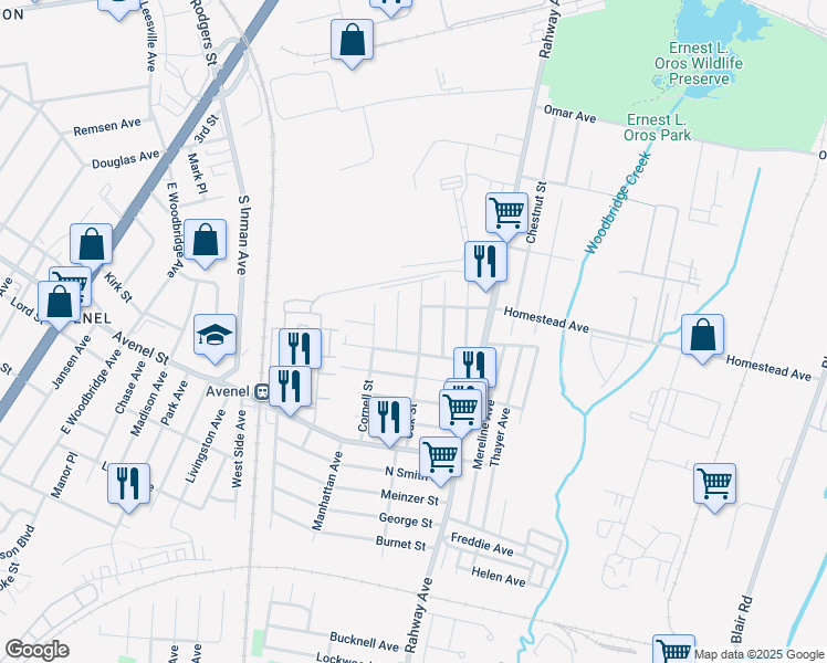 map of restaurants, bars, coffee shops, grocery stores, and more near 100 Oak Street in Woodbridge Township