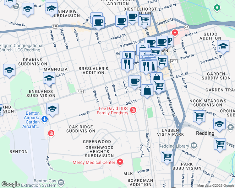map of restaurants, bars, coffee shops, grocery stores, and more near 1864 South Street in Redding