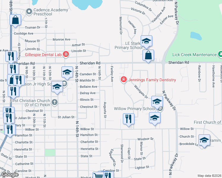 map of restaurants, bars, coffee shops, grocery stores, and more near 1321 Fenley Avenue in Pekin