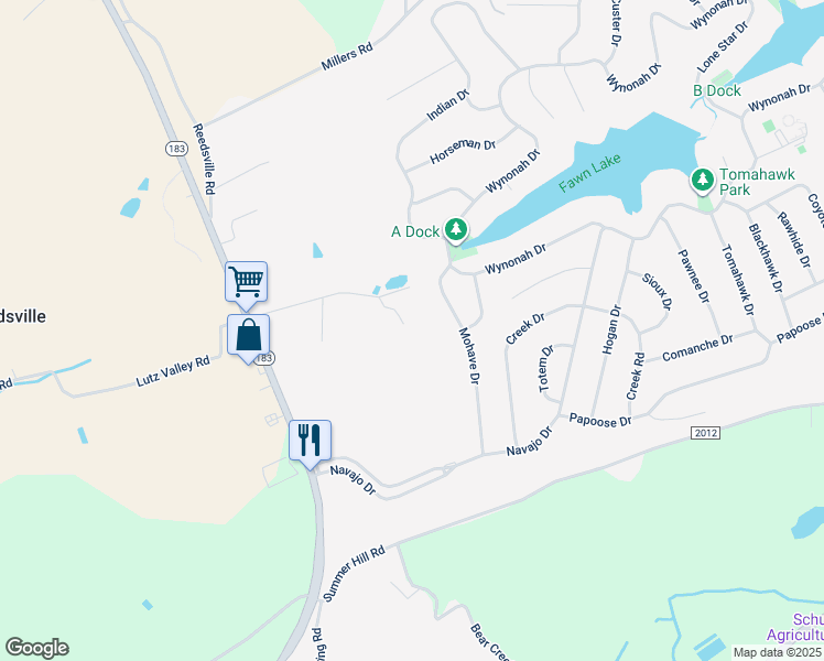 map of restaurants, bars, coffee shops, grocery stores, and more near 58 Plum Creek Road in Schuylkill Haven