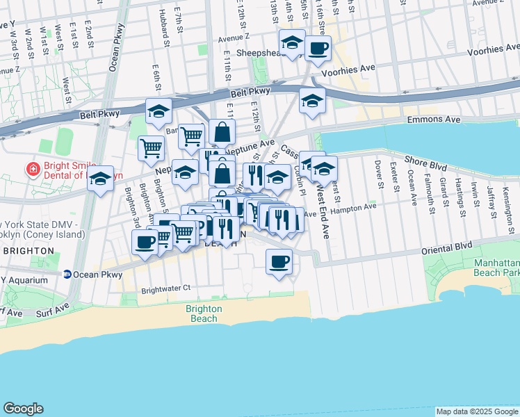 map of restaurants, bars, coffee shops, grocery stores, and more near 3010 Brighton 12th Street in Brooklyn