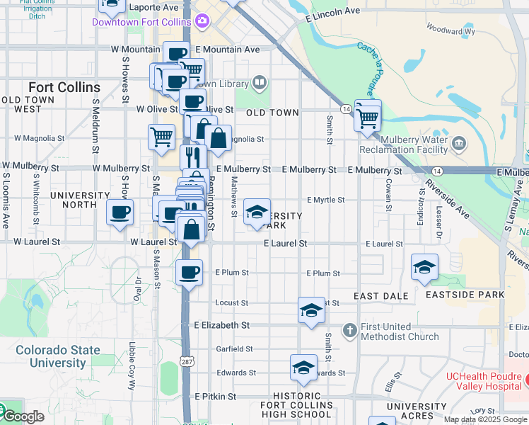 map of restaurants, bars, coffee shops, grocery stores, and more near 611 Peterson Street in Fort Collins