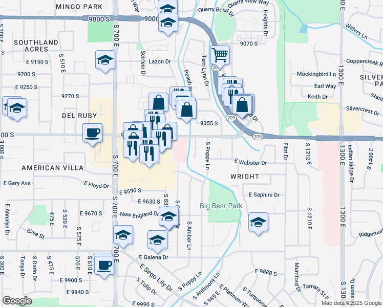 map of restaurants, bars, coffee shops, grocery stores, and more near 9464 South Meckailee Cove in Sandy