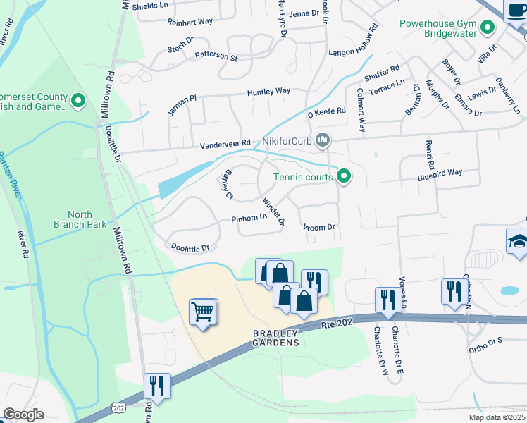 map of restaurants, bars, coffee shops, grocery stores, and more near 2603 Pinhorn Drive in Bridgewater Township