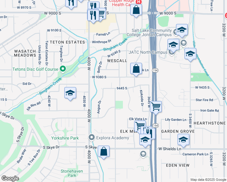map of restaurants, bars, coffee shops, grocery stores, and more near 9460 Dunsinane Drive in South Jordan