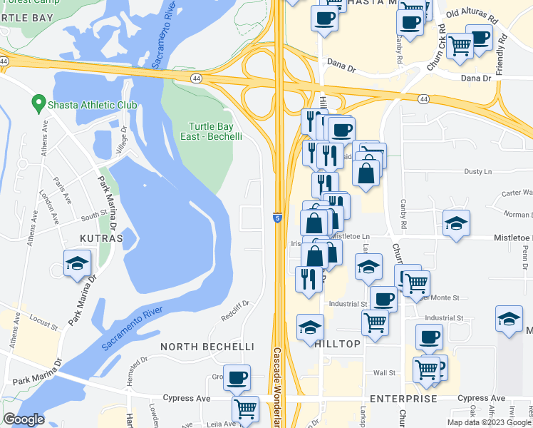 map of restaurants, bars, coffee shops, grocery stores, and more near 1979 Bechelli Lane in Redding