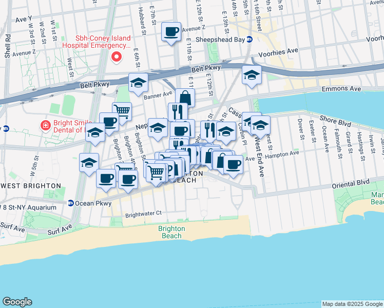 map of restaurants, bars, coffee shops, grocery stores, and more near 141 Brighton 10th Street in Brooklyn