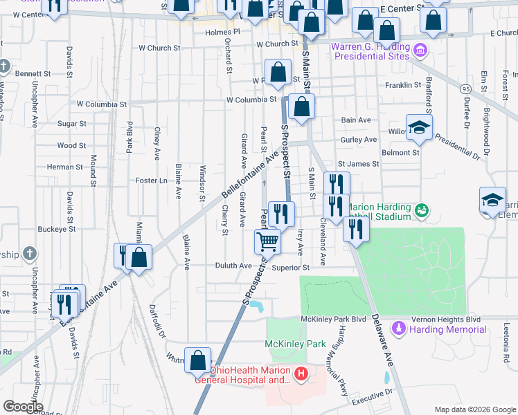 map of restaurants, bars, coffee shops, grocery stores, and more near 541 Pearl Street in Marion