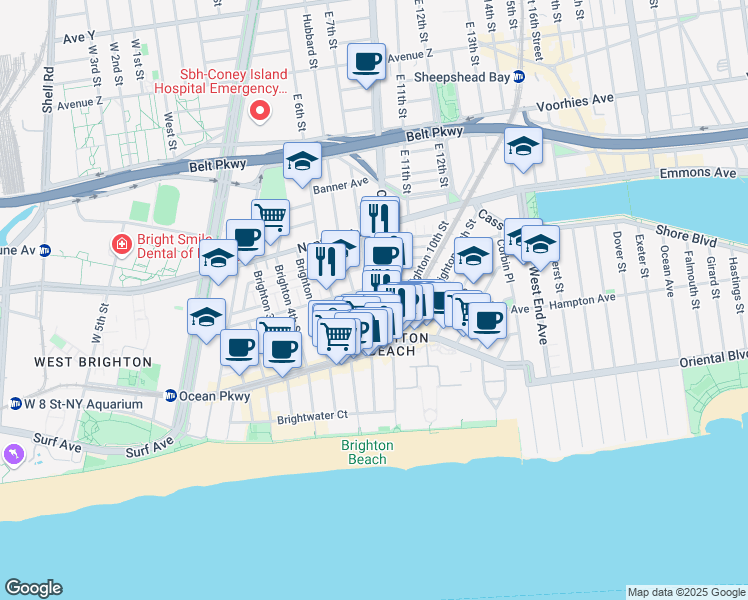map of restaurants, bars, coffee shops, grocery stores, and more near 3017 Brighton 8th Street in Brooklyn