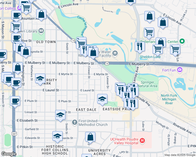 map of restaurants, bars, coffee shops, grocery stores, and more near 609 Endicott Street in Fort Collins