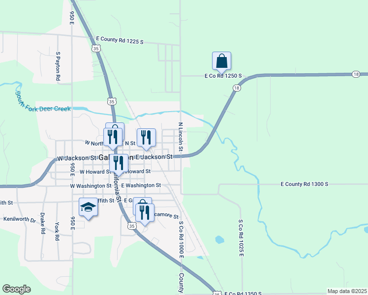 map of restaurants, bars, coffee shops, grocery stores, and more near 105 North Lincoln Street in Galveston