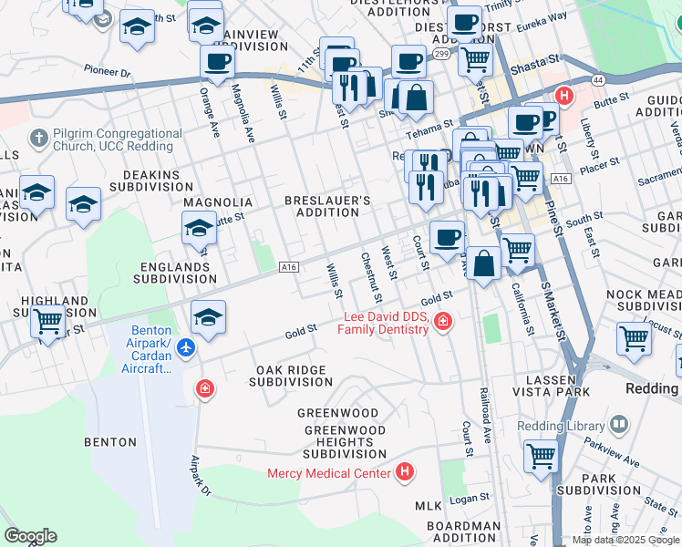 map of restaurants, bars, coffee shops, grocery stores, and more near 1743 Willis Street in Redding