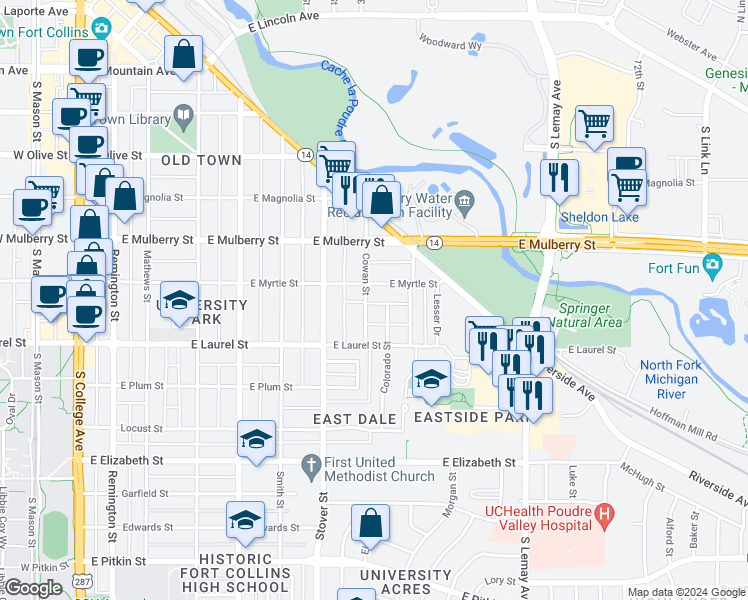 map of restaurants, bars, coffee shops, grocery stores, and more near 610 Cowan Street in Fort Collins