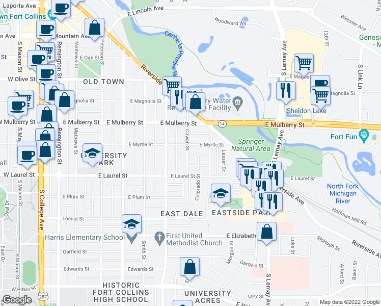 map of restaurants, bars, coffee shops, grocery stores, and more near 610 Cowan Street in Fort Collins
