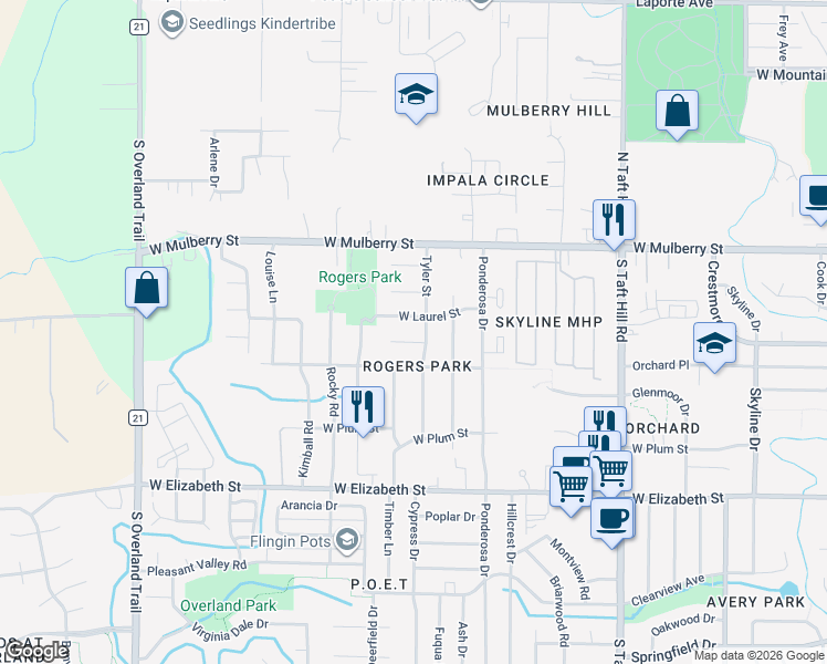 map of restaurants, bars, coffee shops, grocery stores, and more near 2500 Timber Court in Fort Collins