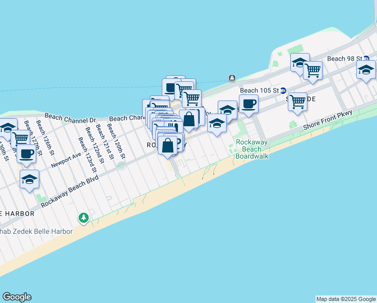 map of restaurants, bars, coffee shops, grocery stores, and more near 179 Beach 115th Street in Queens