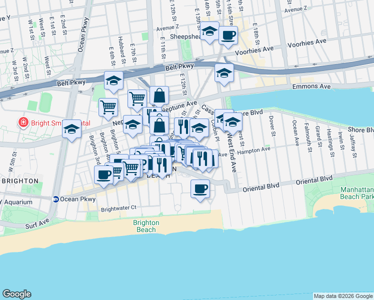 map of restaurants, bars, coffee shops, grocery stores, and more near 3010 Brighton 12th Street in Brooklyn