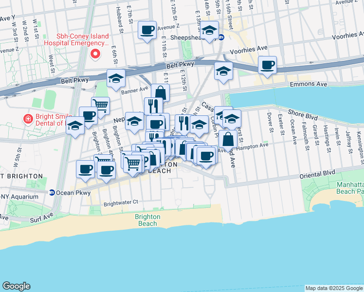 map of restaurants, bars, coffee shops, grocery stores, and more near 125 Brighton 11th Street in Brooklyn
